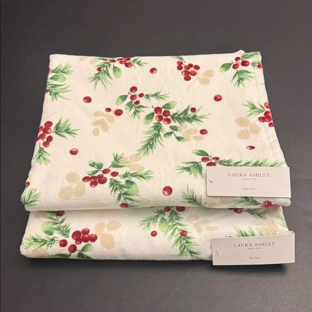 6pc LAURA ASHLEY Berry Bright Christmas Motif Bath Towel Set - 100% Cotton